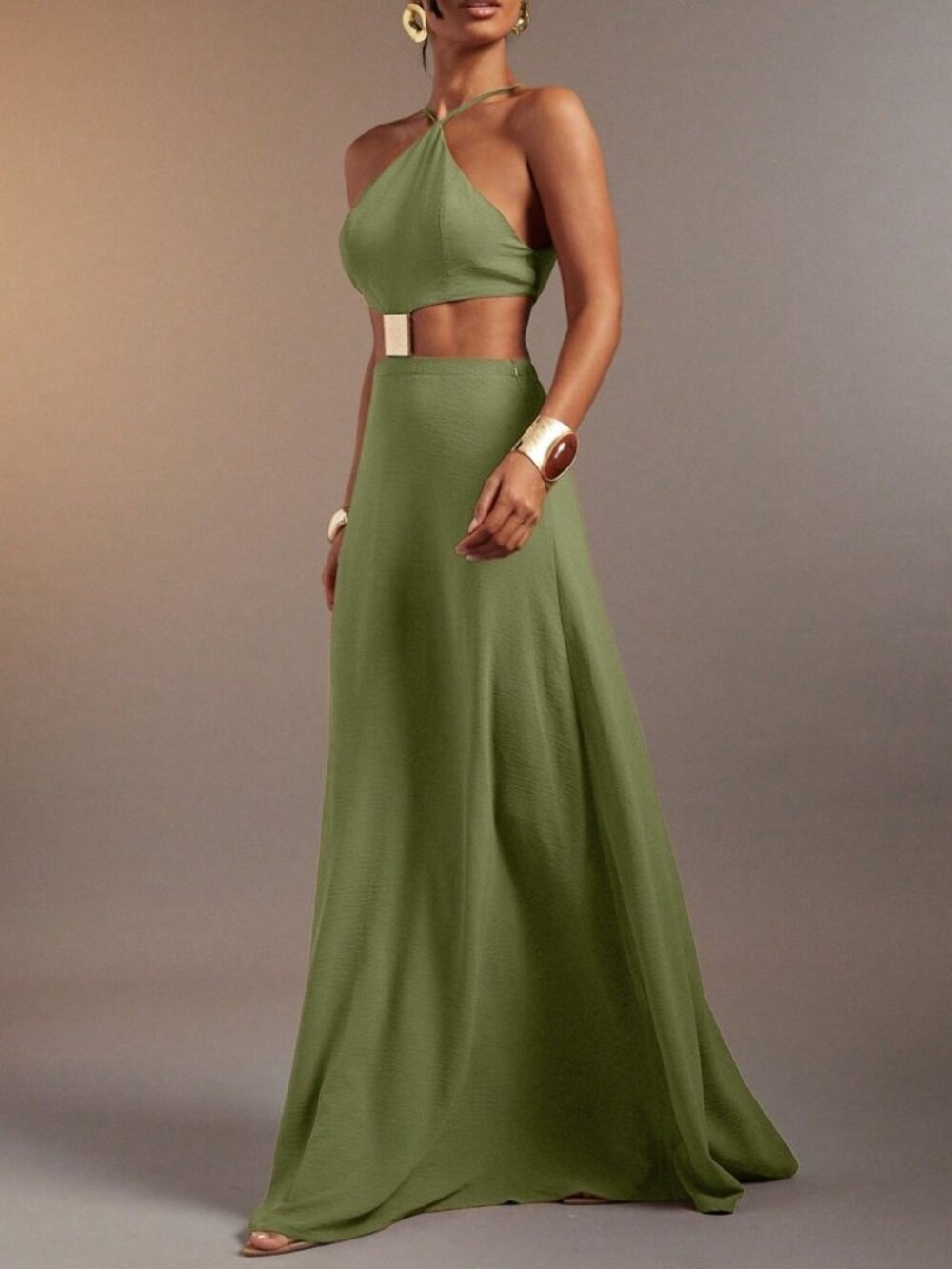 Olive Green Halter Cutout Maxi Dress with Gold Waist Detail